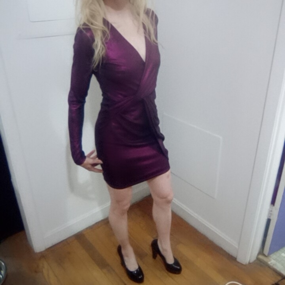 Purple metallic vneck faux wrap mini dress